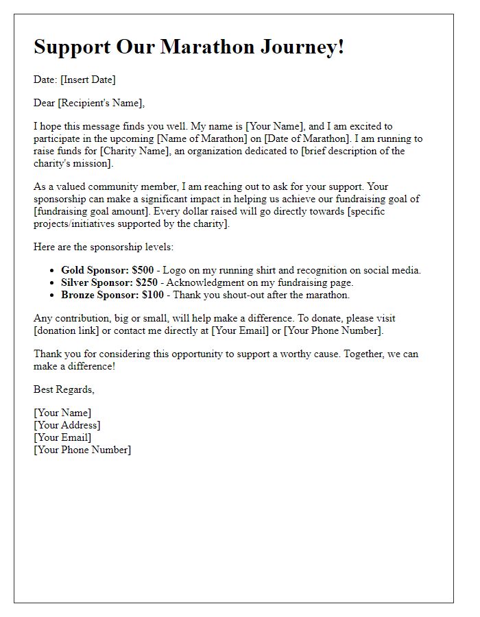 Letter template of charity sponsorship solicitation for marathon participation.