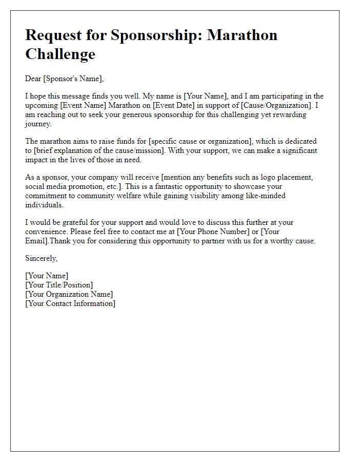 Letter template of fundraising sponsorship request for marathon challenge.