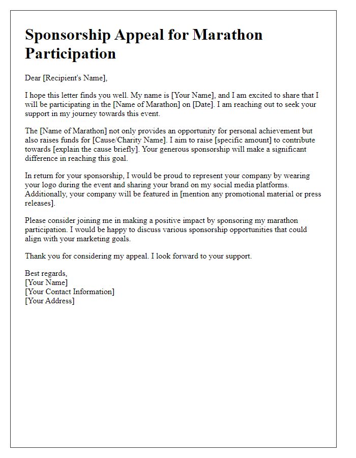 Letter template of sponsorship appeal for marathon event participation.