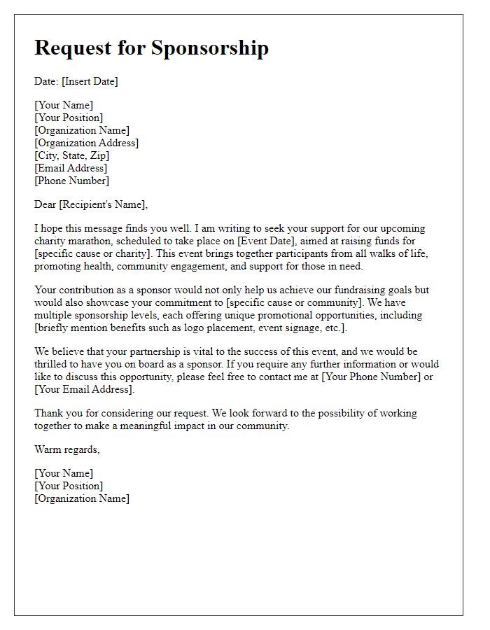 Letter template of sponsorship request for charity marathon fundraiser.