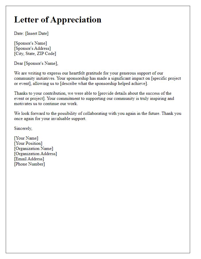 Letter template of appreciation for community sponsor support