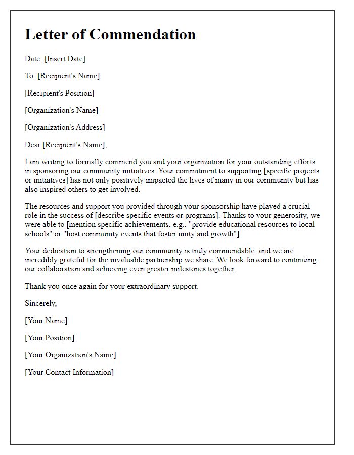 Letter template of commendation for community sponsorship efforts