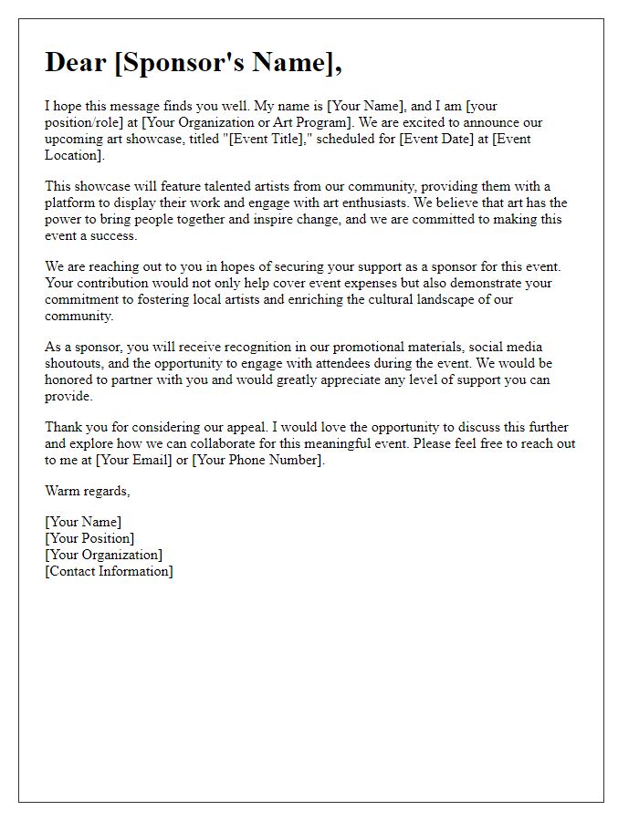 Letter template of appeal to sponsors for art showcase support.