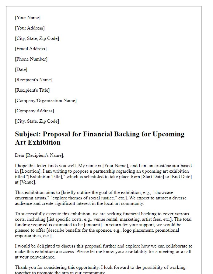 Letter template of formal proposal for art exhibition financial backing.