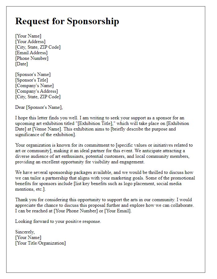 Letter template of request for sponsorship for an art exhibition.