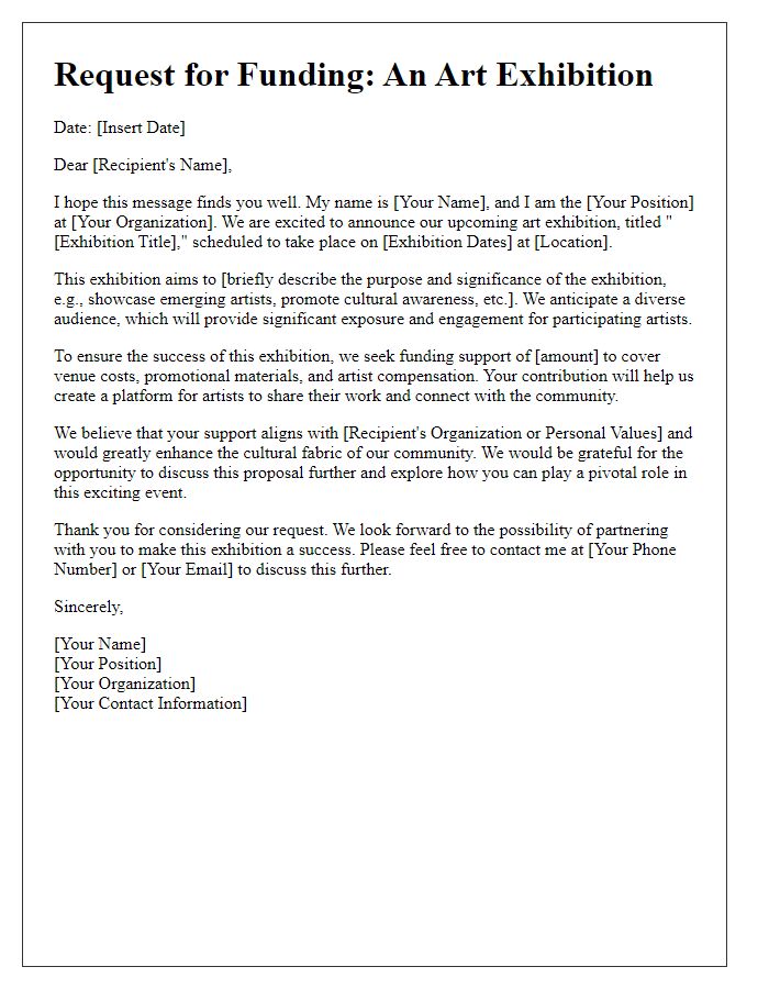 Letter template of solicitation for funding an art exhibition.