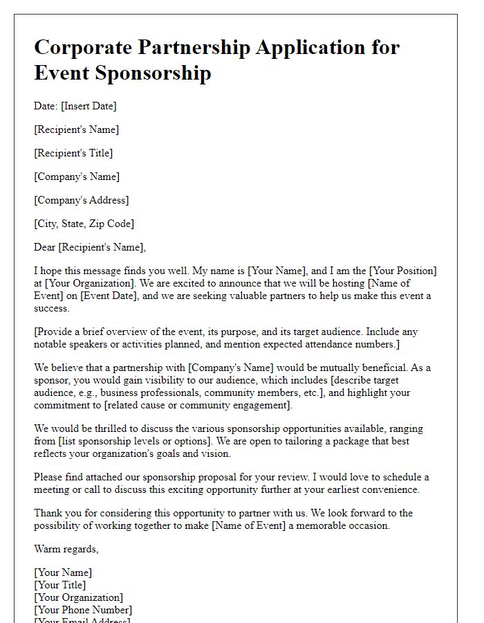 Letter template of corporate partnership application for event sponsorship.