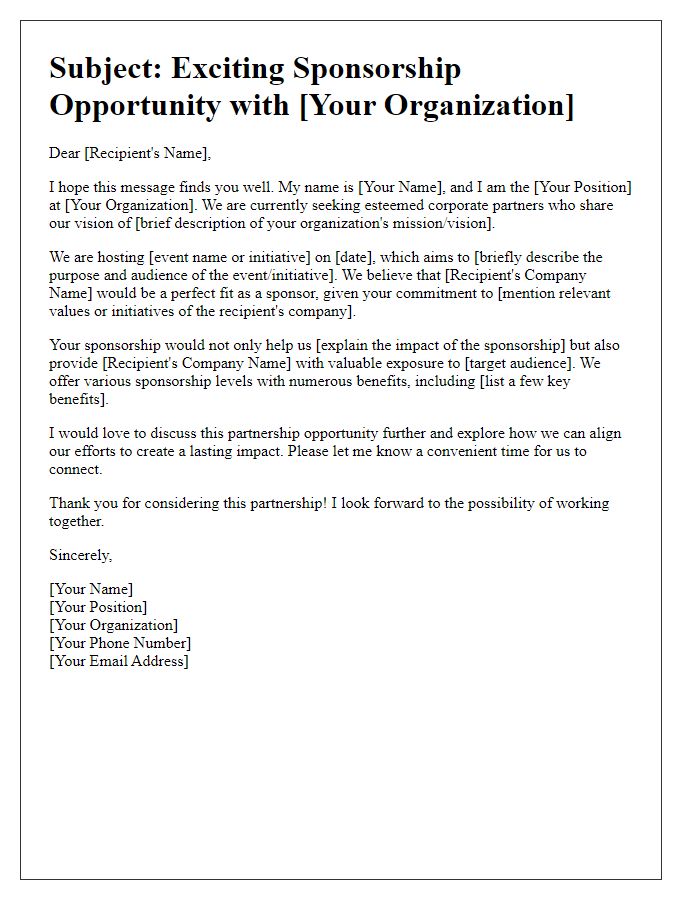 Letter template of corporate partnership outreach for sponsorship potential.