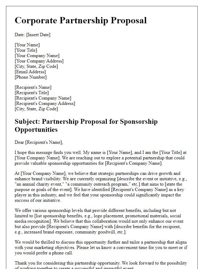 Letter template of corporate partnership proposal for sponsorship opportunities.