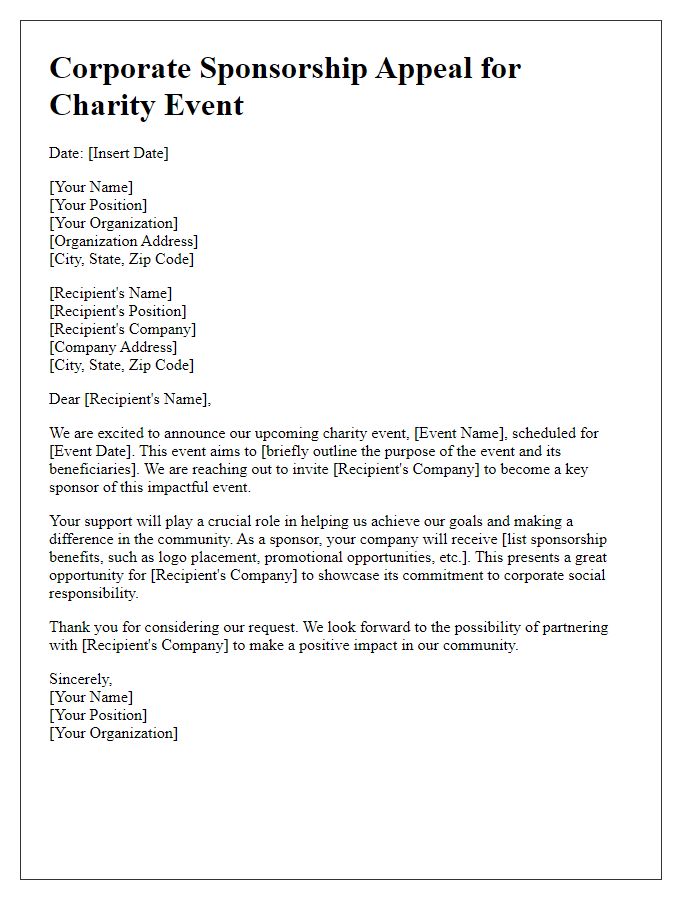 Letter template of corporate sponsorship appeal for charity event backing.