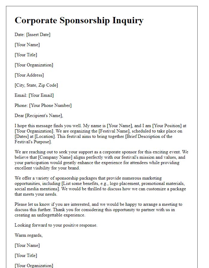 Letter template of corporate sponsorship inquiry for festival participation.