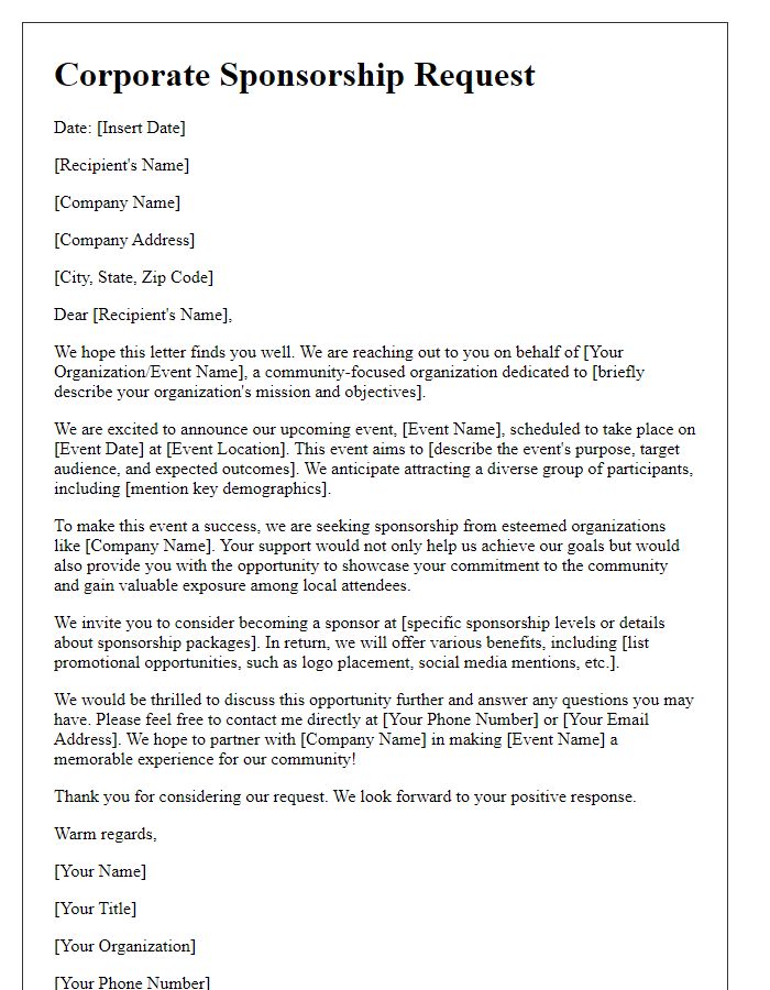 Letter template of corporate sponsorship request for community event support.