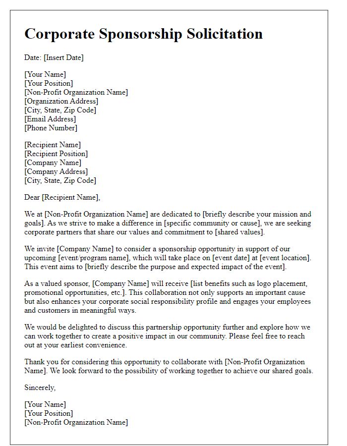 Letter template of corporate sponsorship solicitation for non-profit collaboration.