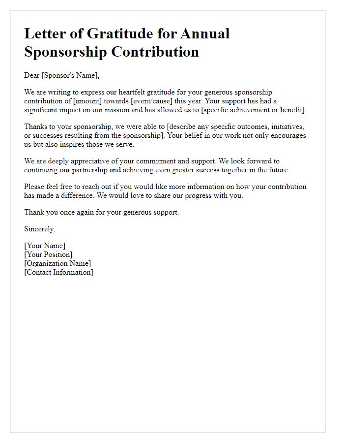 Letter template of gratitude for annual sponsorship contribution.