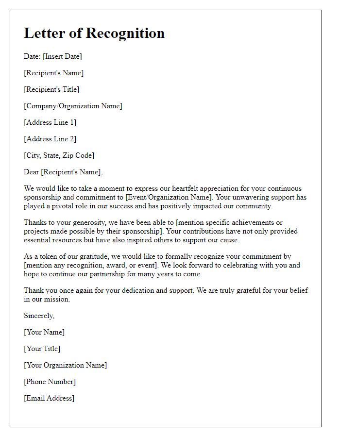 Letter template of recognition for continuous sponsorship commitment.