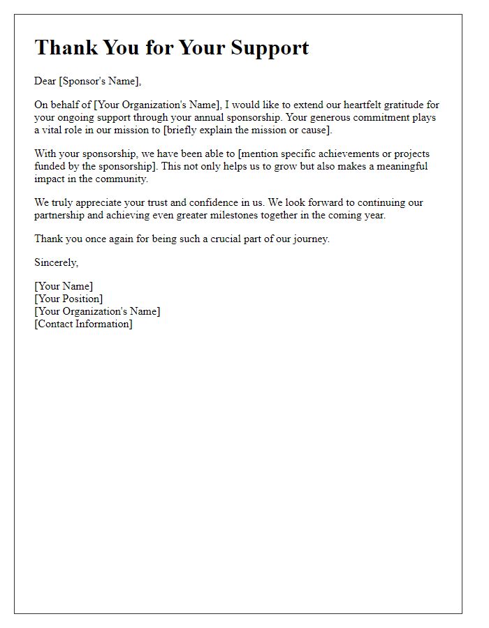 Letter template of thanks for ongoing annual sponsorship.