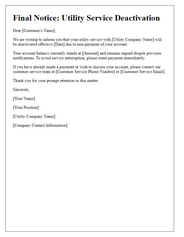 Letter template of Final Utility Service Deactivation Alert