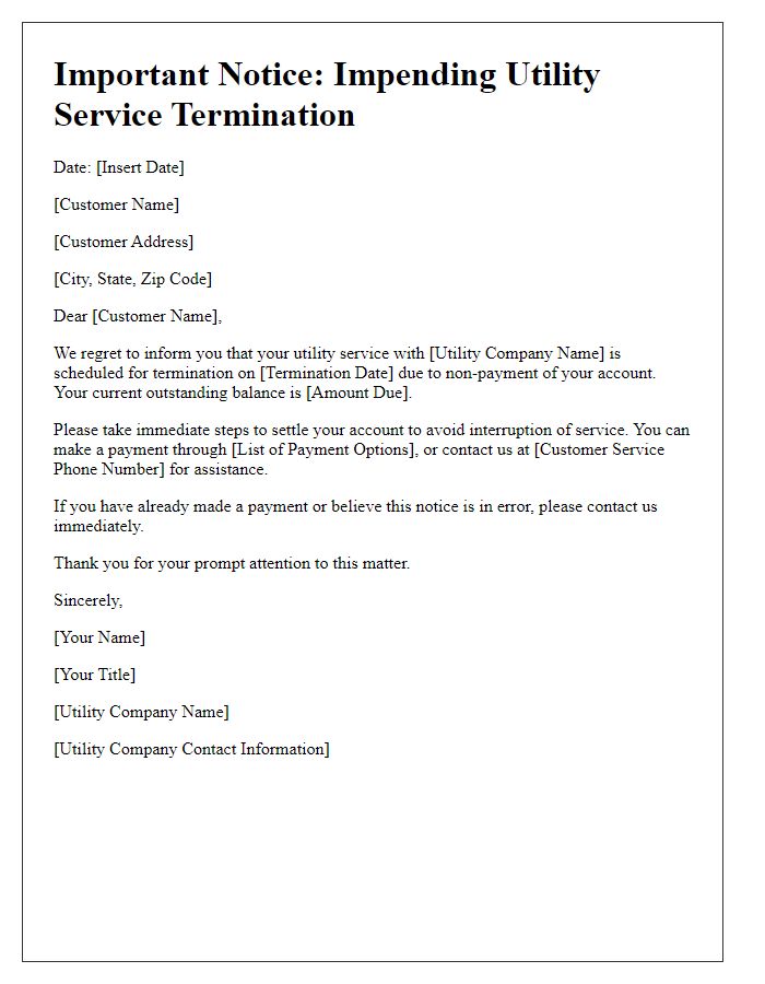 Letter template of Impending Utility Service Termination