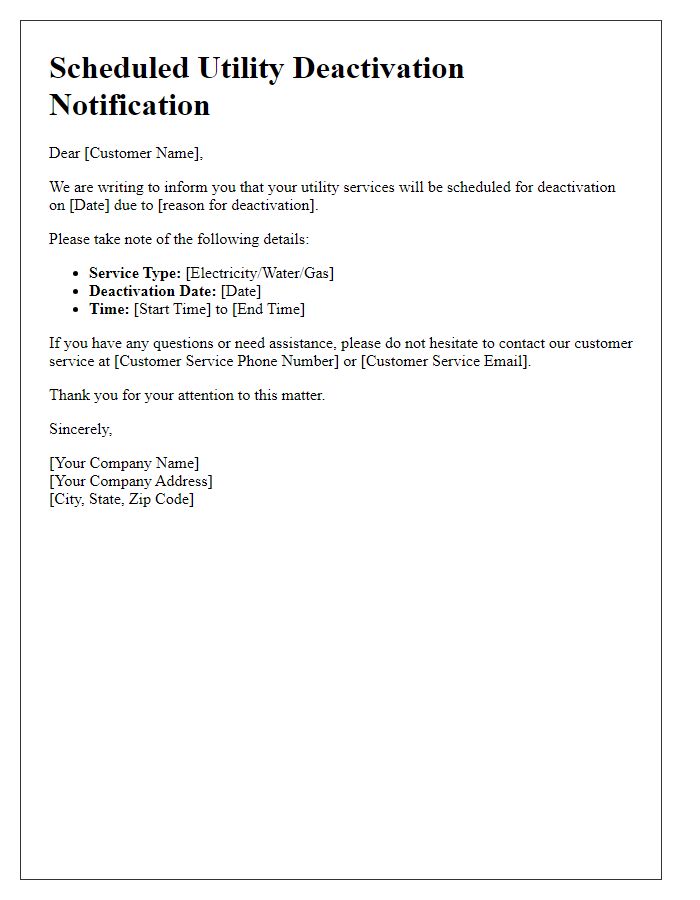 Letter template of Scheduled Utility Deactivation Notification