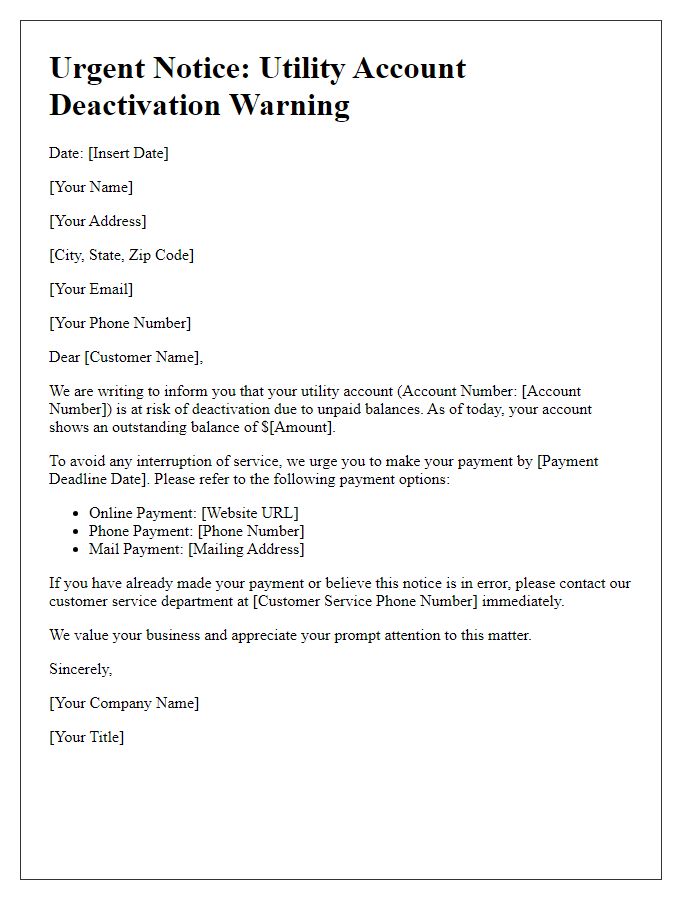 Letter template of Urgent Utility Account Deactivation Warning