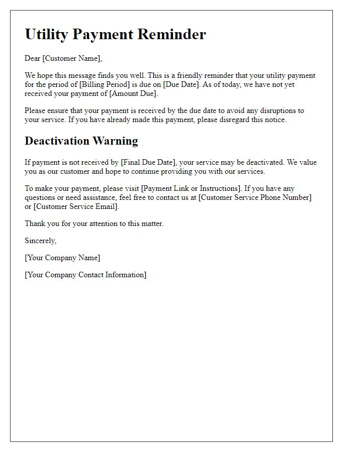 Letter template of Utility Payment Reminder and Deactivation Warning