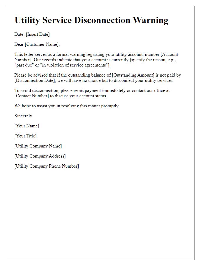 Letter template of Utility Service Disconnection Warning