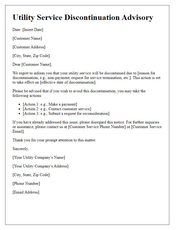 Letter template of Utility Service Discontinuation Advisory