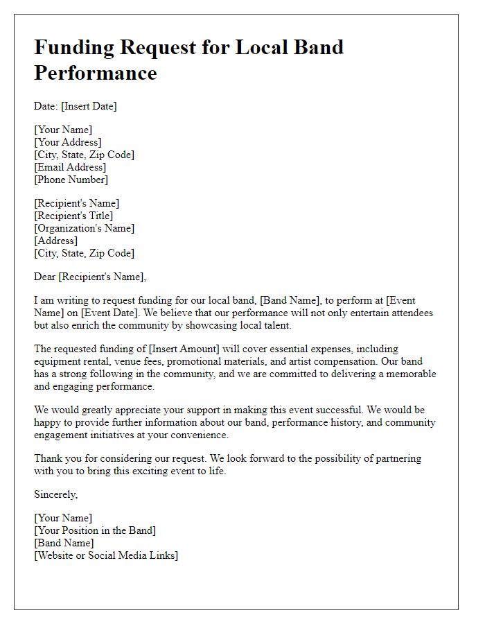 Letter template of funding request for a local band performance