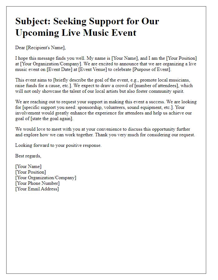 Letter template of outreach for support in organizing a live music event