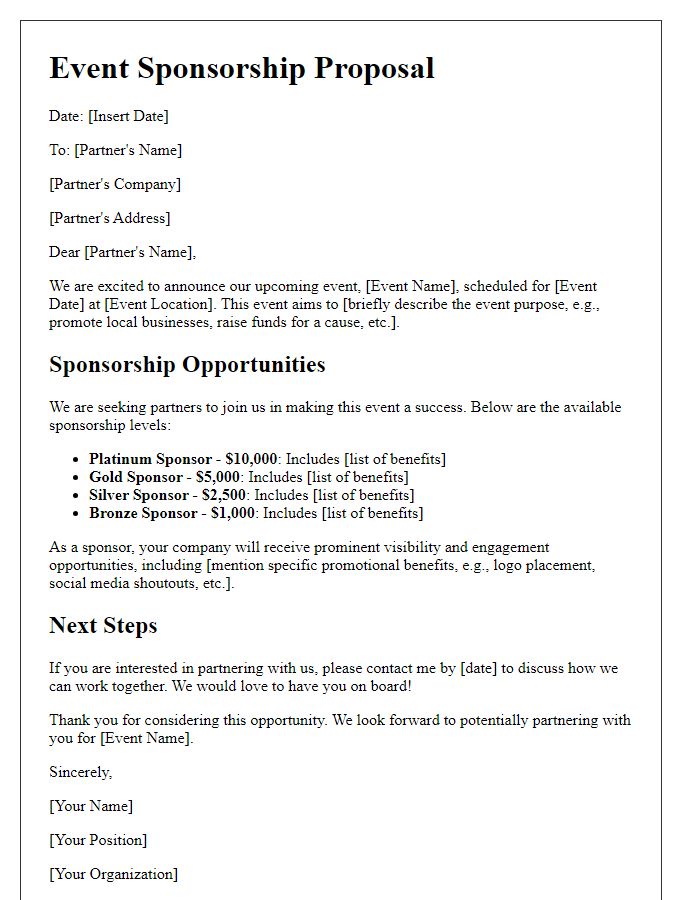 Letter template of event sponsorship details for partners