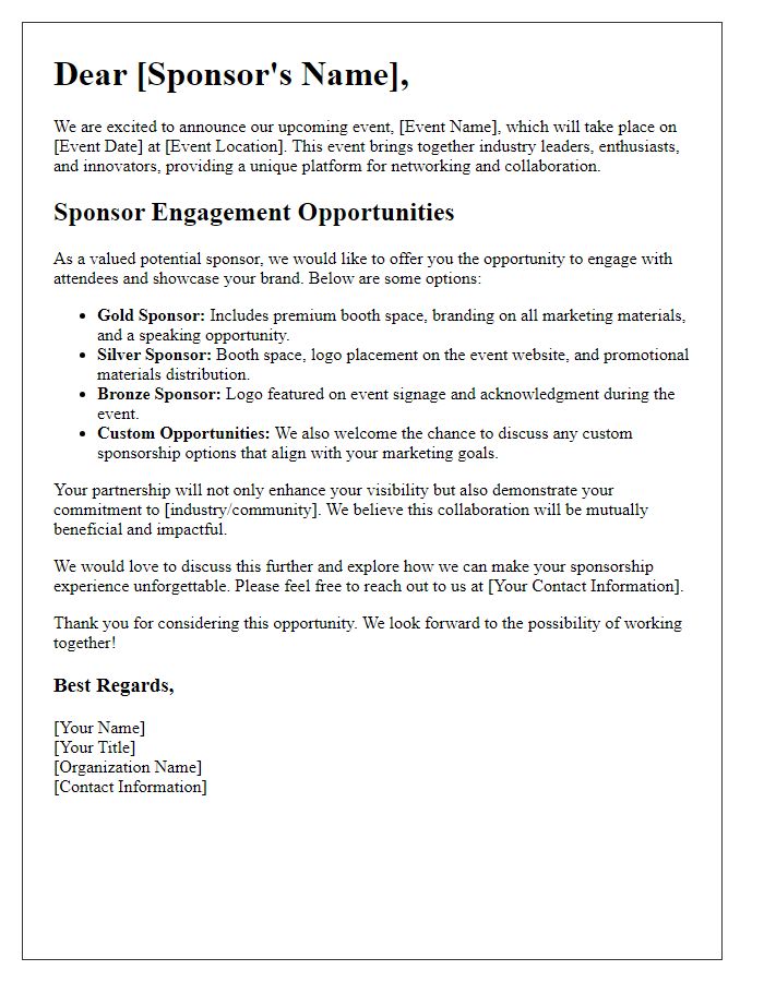 Letter template of sponsor engagement opportunities at the event