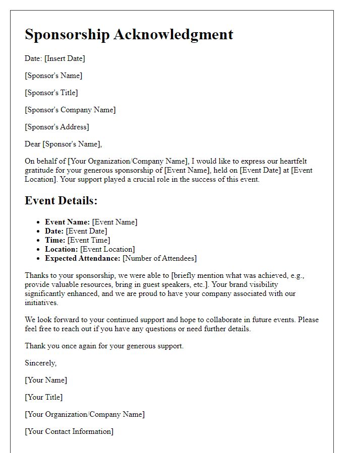 Letter template of sponsorship acknowledgment and event specifics