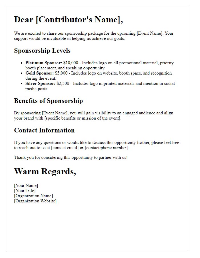 Letter template of sponsorship package information for contributors