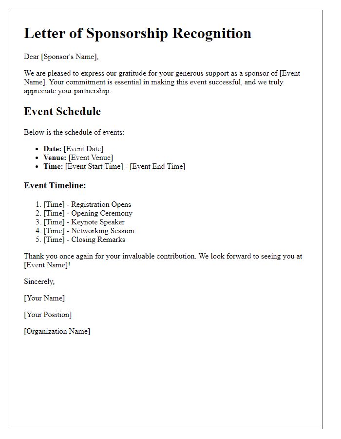 Letter template of sponsorship recognition and event schedule