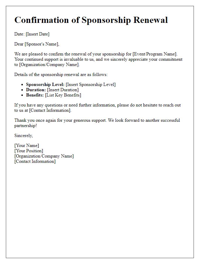 Letter template of confirmation for sponsorship renewal