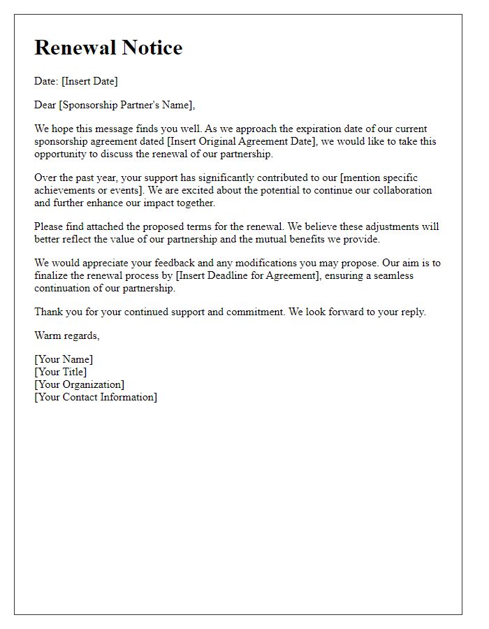 Letter template of renewal notice for sponsorship agreement