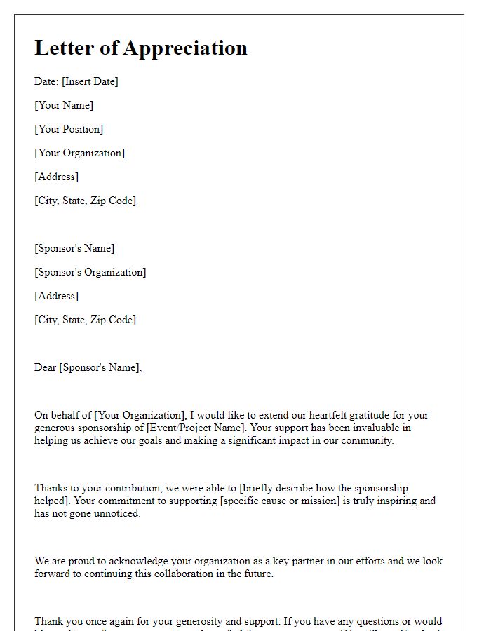 Letter template of appreciation for sponsorship support.