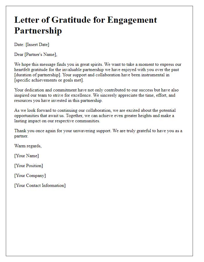 Letter template of gratitude for engagement partnership.