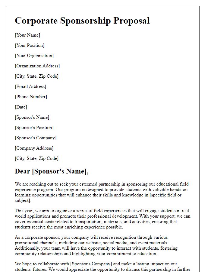 Letter template of corporate sponsorship for educational field experience.