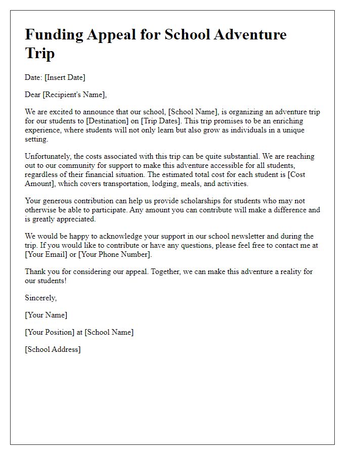 Letter template of funding appeal for school adventure trip.