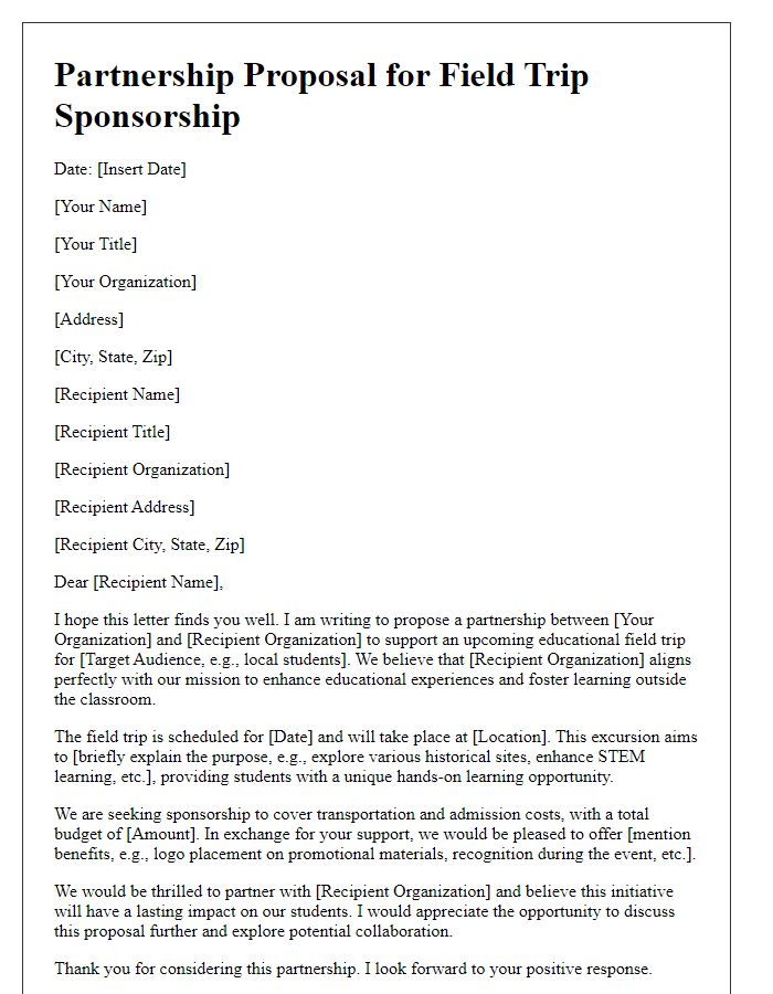 Letter template of partnership proposal for field trip sponsorship.