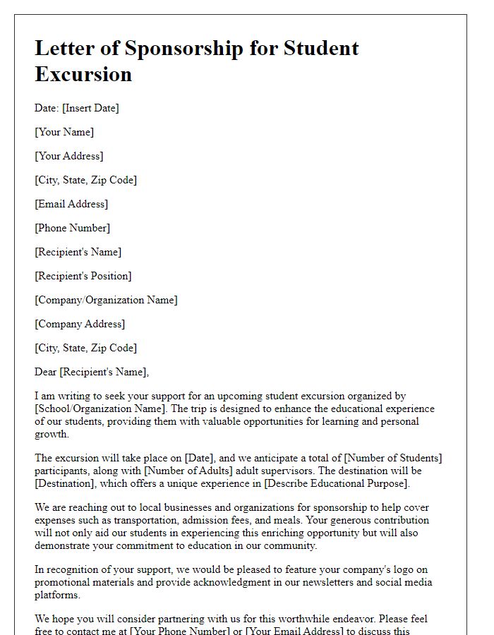 Letter template of sponsorship for student excursion.