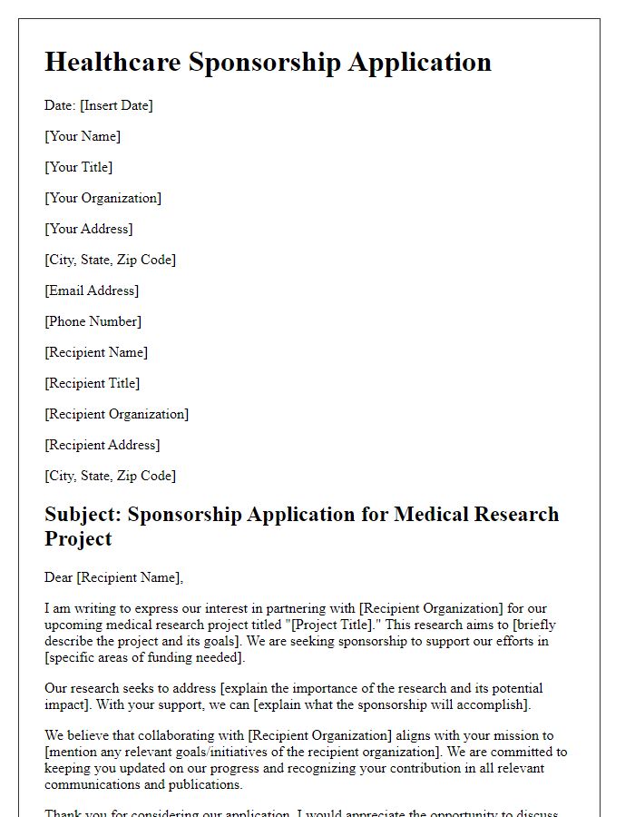 Letter template of healthcare sponsorship application for medical research project.