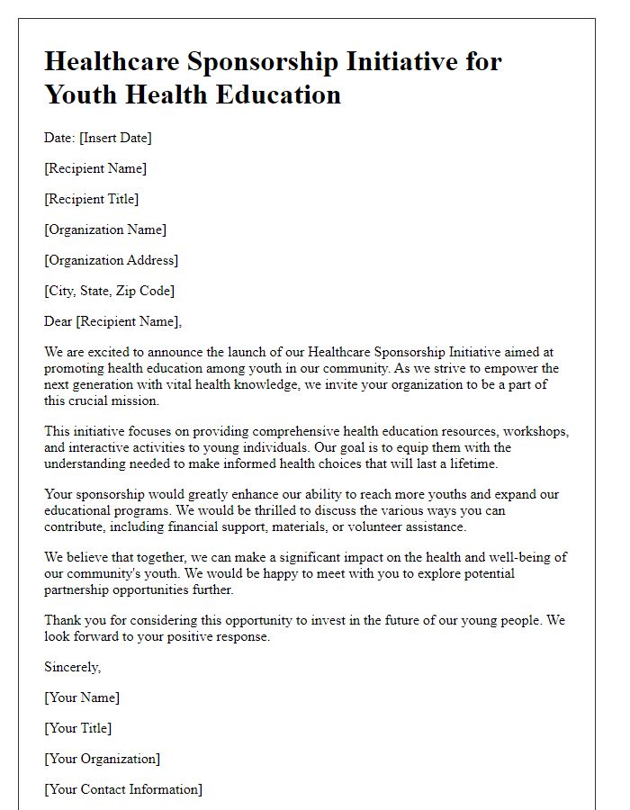 Letter template of healthcare sponsorship initiative for youth health education.