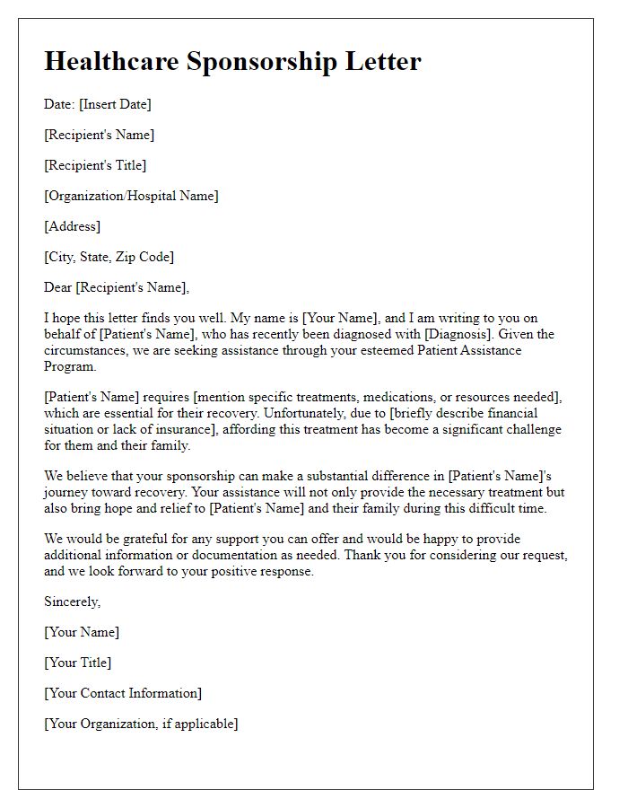 Letter template of healthcare sponsorship letter for a patient assistance program.