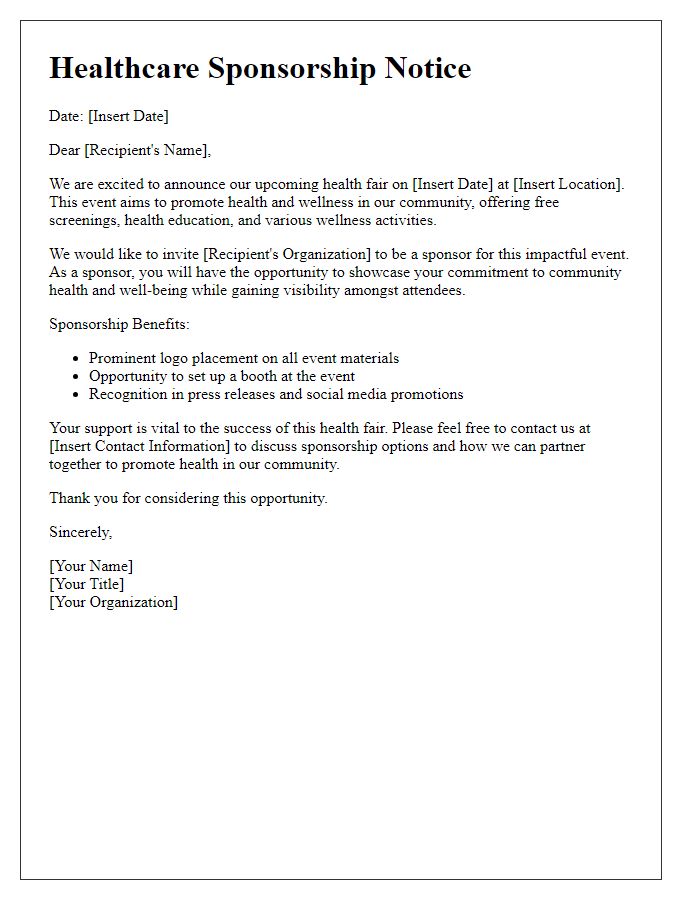 Letter template of healthcare sponsorship notice for a health fair.