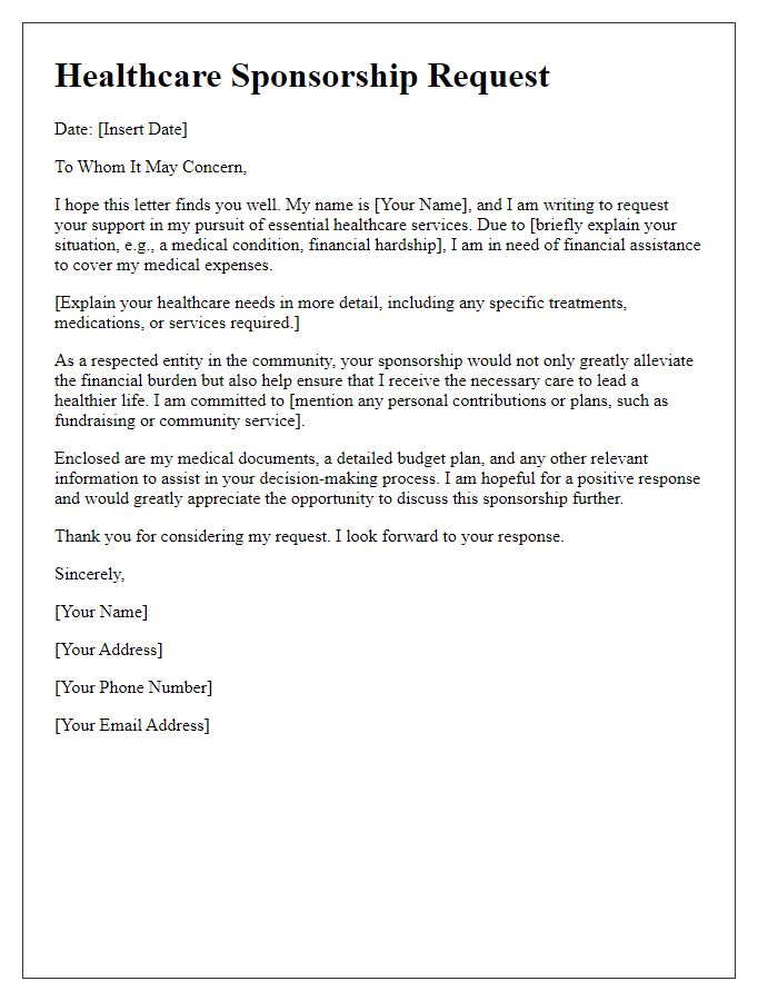 Letter template of healthcare sponsorship request for individual support.