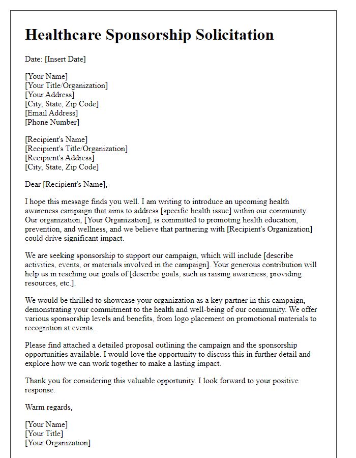 Letter template of healthcare sponsorship solicitation for health awareness campaign.