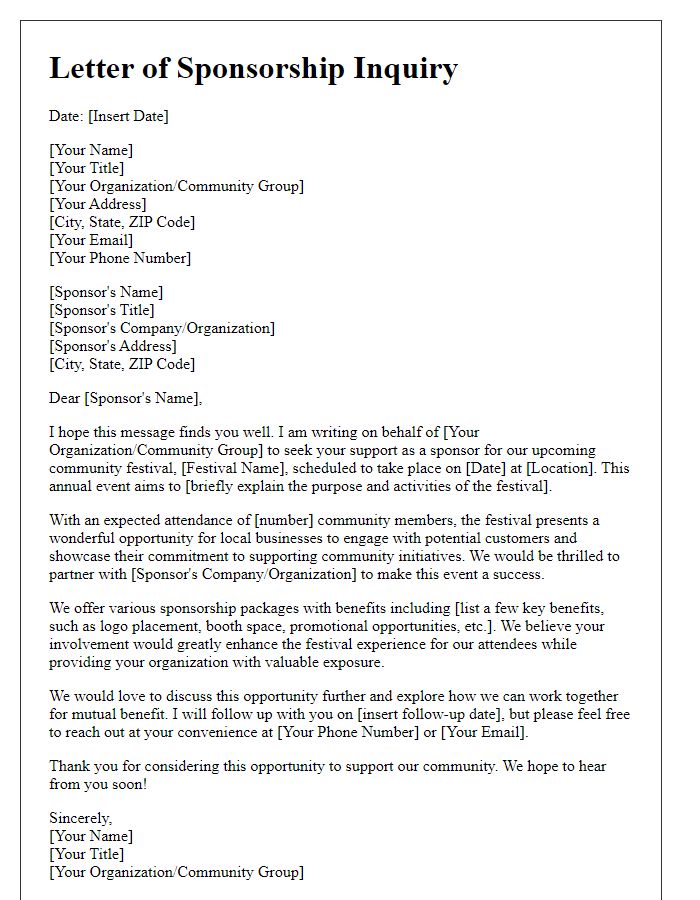 Letter template of community festival sponsorship inquiry