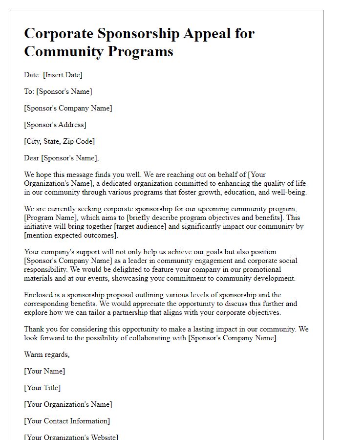 Letter template of corporate sponsorship appeal for community programs